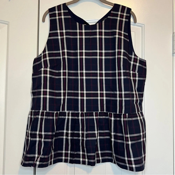 Halogen Navy Blue Plaid Peplum Bow Back Top XL - Picture 2 of 6